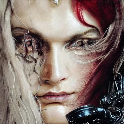 Prompt: portrait, headshot, insanely nice hair style, dramatic hair color, digital painting, of a old 17th century, old cyborg lawyer, Ruby's and Diamonds, black pearls, baroque, ornate clothing, scifi, realistic, hyperdetailed, chiaroscuro, concept art, art by Franz Hals and Jon Foster and Ayami Kojima and Amano and Karol Bak,