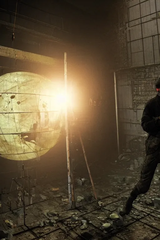 Image similar to a stalker with a detector in his hand from the game s.t.a.l.k.e.r stands next to a translucent luminous sphere in an abandoned factory