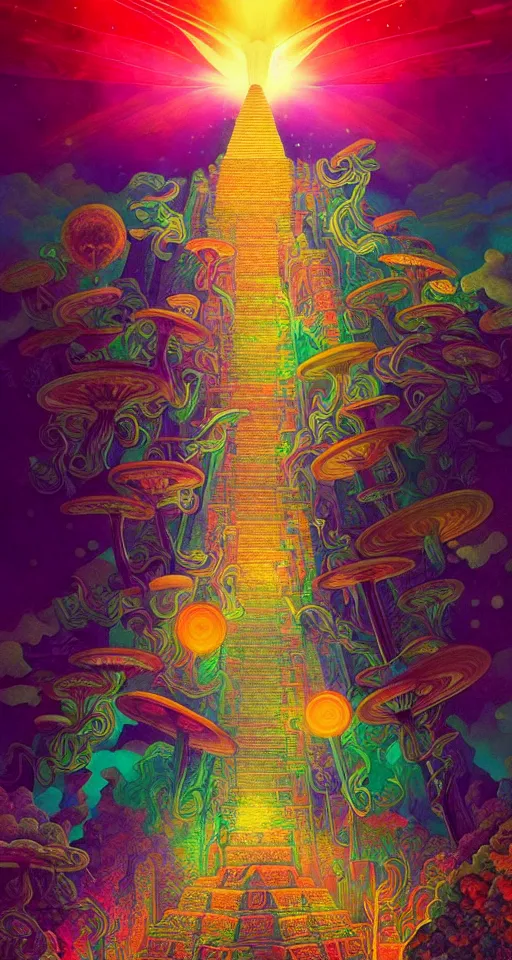 Image similar to An extremely psychedelic abstract illustration of mayan pyramid beaming celestial light, colorful, surreal, dramatic lighting, magic mushrooms, psilocybin, LSD, detailed, intricate, elegant, highly detailed, digital painting, artstation, concept art, smooth, sharp focus, illustration, art by Krenz Cushart and Artem Demura and alphonse mucha