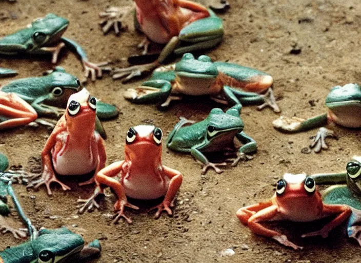 Image similar to movie still of a wes anderson movie about frogs