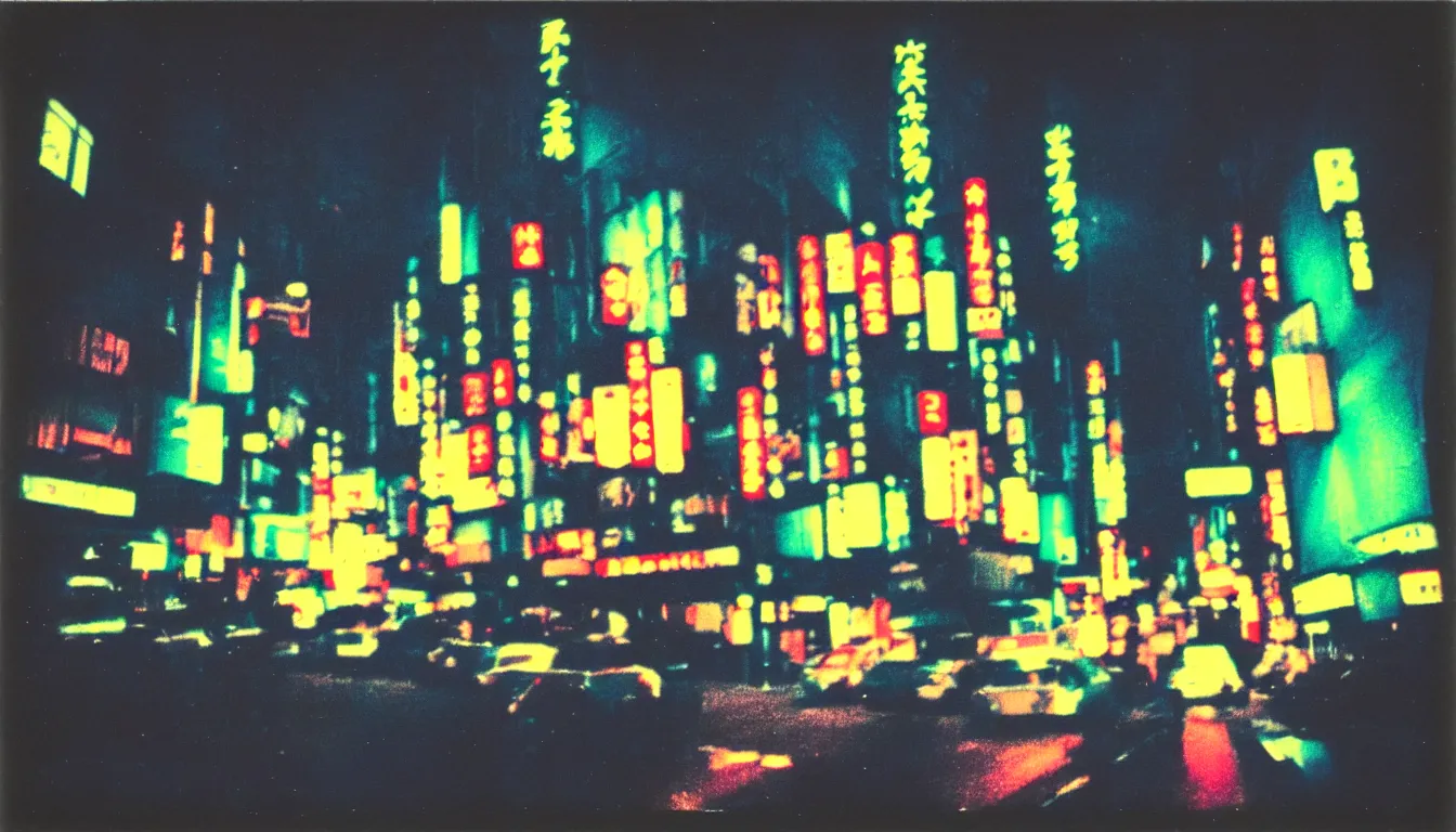 Image similar to colorful instant photograph of tokyo at night, polaroid, light leak, raw, nostalgic