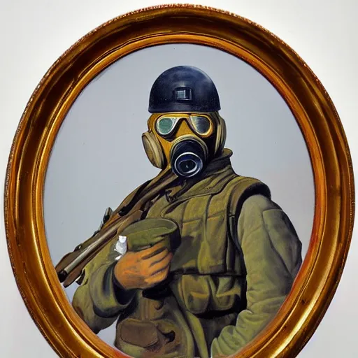 Prompt: portrait painting of a American ww2 soldier with gas mask by George Stubbs, renaissance painting, oil painting, old master