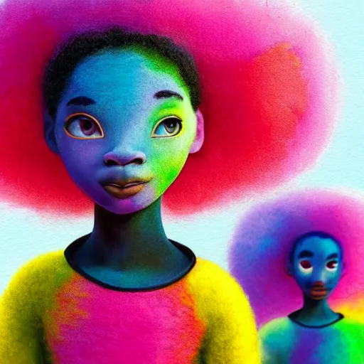 Image similar to a black girl with a colorful afro and rainbow eyes doing ballet, bright colours, bokeh!! watercolor, volumetric wool felting, macro photography, children illustration, by goro fujita