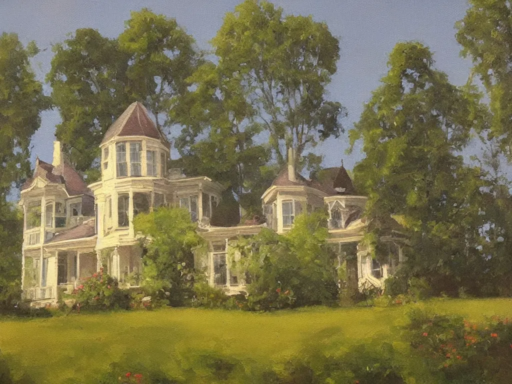 Image similar to “A oil painting of a greenVictorian house”