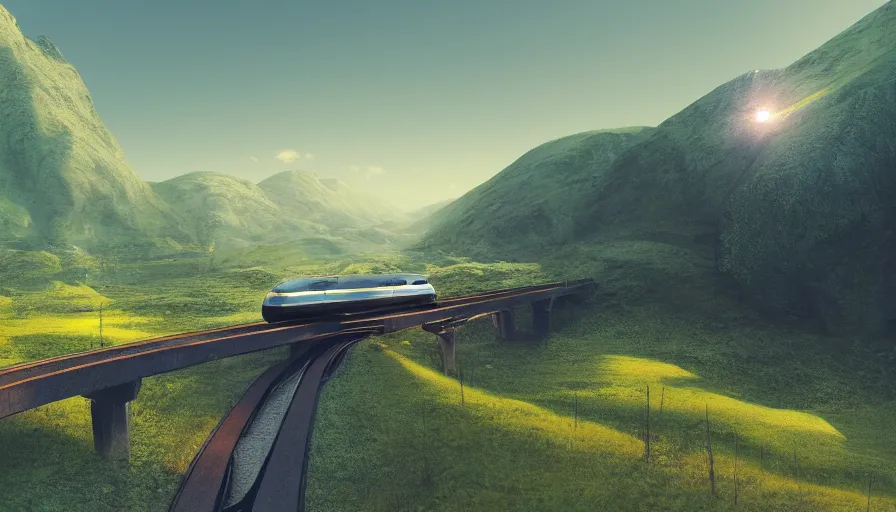 Image similar to futuristic train driving through valley, green hills, matte painting, artstation, sunrise, blue sky