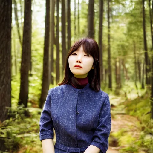 Image similar to close up portrait of an korean woman with beautiful face and modern clothes standing outside of an old cabin, forest in the background, bokeh, depth of field, dramatic lighting, cinematic, vivid colors, matte painting, vivid color scheme