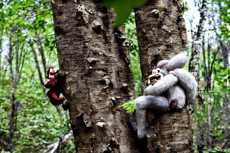 Image similar to close up of donkey kong in a forest knocking down trees, a white birch tree that has fallen over, donkey kong from nintendo 6 4