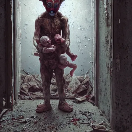 Prompt: a clown holding a baby inside an abandoned hospital, beksinski, dariusz zawadzki, wayne barlowe, very coherent symmetrical artwork, cinematic, hyper realism, high detail, octane render, 8 k