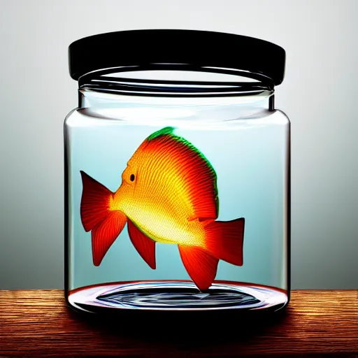 Prompt: beautiful fish swimming in a glass jar, highly detailed studio photo