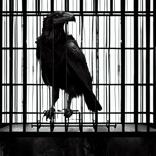 Prompt: a photo of black raven inside cage, city landscape, digital painting, insane details, hyper realistic, apocalyptic, artstation, sharp, focus, award winning, conceptual art, 4 k