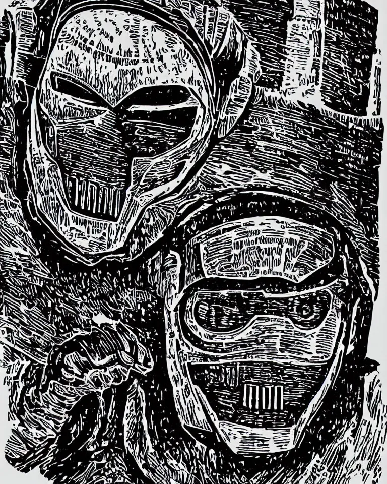 Image similar to a detailed lifelike linocut engraving of mf doom