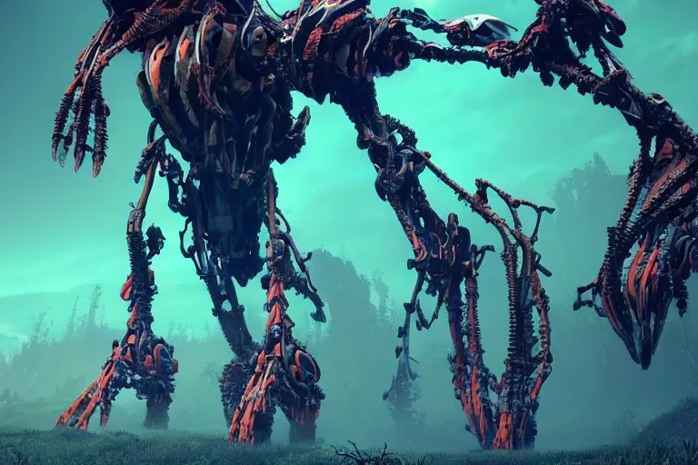 Image similar to a hyper detailed fanghorn evangelion realistic mechanical and organic creature similar look as horizon forbidden west horizon zero dawn, bioluminiscence in a dark deep forest at dawn in spring, with reflection and textures, by kilian eng, substance painter reaslitic mech surface metal painted scratches, world env from horizon forbidden west horizon zero dawn