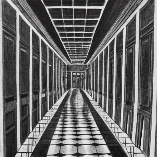 Image similar to high school hallways, mc escher painting