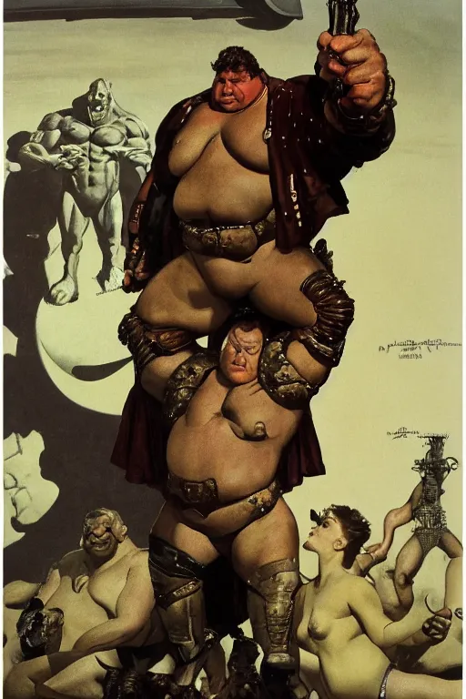 Prompt: movie still of huge hulking kenneth mcmillan as baron vladimir harkonnen wearing leather garments with muscular arms, simple background, dynamic pose, painted by jack kirby, lawrence alma tadema, norman rockwell, greg staples, wayne barlow, neville page, dune 1 9 8 2, artstation creature art, superhero