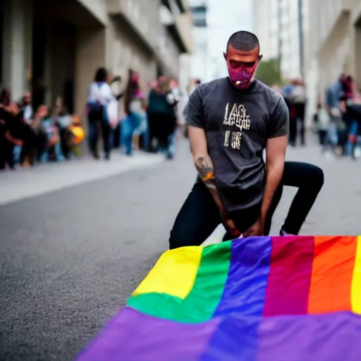 Image similar to lgbt man kneeling on the ground crying, his hands on the ground, holding an lgbt flag, tears coming down his eyes