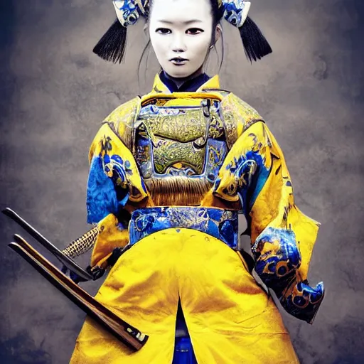 Prompt: photorealistic portrait of a beautiful, female samurai warrior, holding sword in right hand, fighting body position, goth punk, vibrant yellow, blue, colors, surreal, a french baroque by by alexander mcqueen, hyper detailed, cinematic lighting