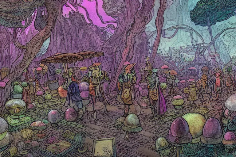 Image similar to merchant stand of portobello mushroomfolk merchant nomads traveling through a psychedelic landscape, in the style of Greg Broadmore and Arthur Rackham and Moebius, trending on artstation, light lighting side view,digital art,surrealism ,macro,blueprint ,vaporwave ,