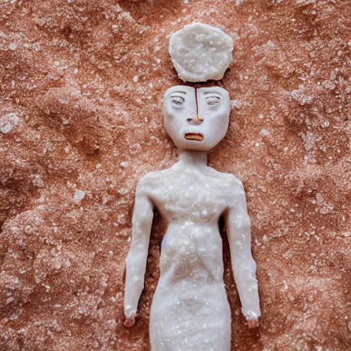 Prompt: salt woman covered in salt shaped like a 30 year old woman in ancient Canaanite clothing, desert drought background. 40mm lens, shallow depth of field, split lighting
