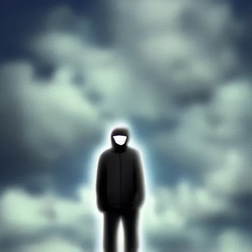 Prompt: a masked man standing among the clouds, digital art