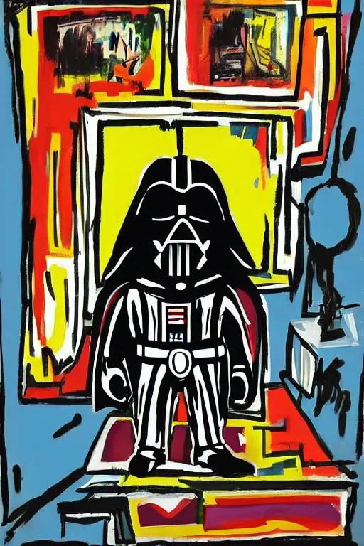 Image similar to an illustration of darth vader watching tv in the style of basquiat by margaret wise brown