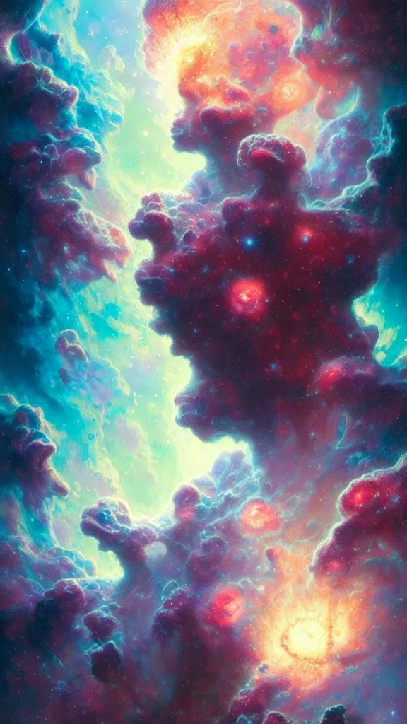 Image similar to psychedelic transcendent puffs! of smoke, space, supernova, nebulae, pillars of creation, high contrast lighting, highly detailed, concept art, art by collier, albert aublet, krenz cushart, artem demura, alphonse mucha