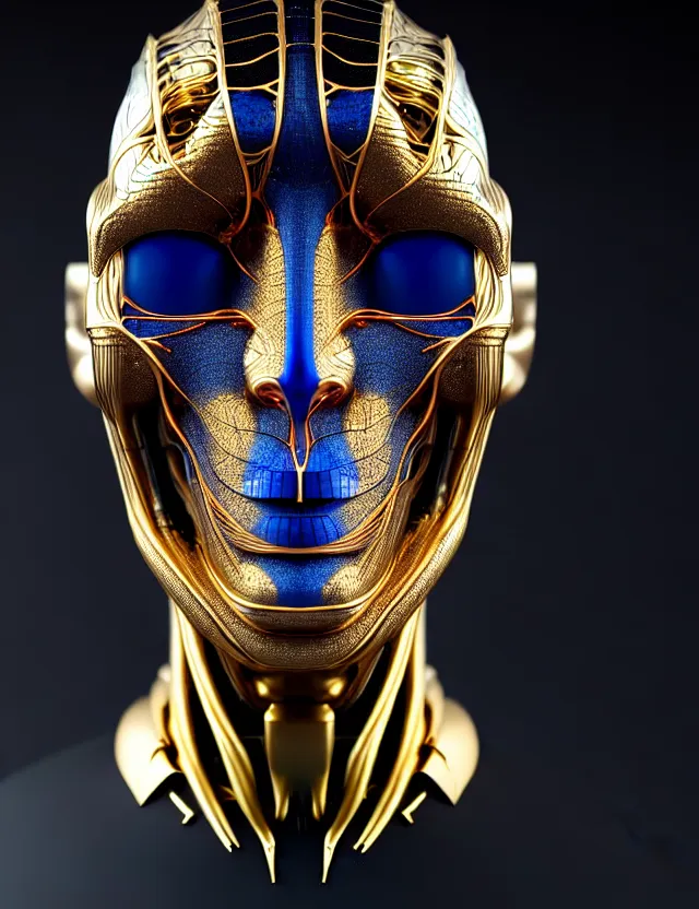 Prompt: complex 3 d face of elon musk robot face, blue gold and black, fractal veins. dragon cyborg, 1 5 0 mm, beautiful natural soft light, rim light, fractal details, fine lace, mandelbot fractal, anatomical, glass, facial muscles, elegant, ultra detailed, metallic armor, octane render, depth of field