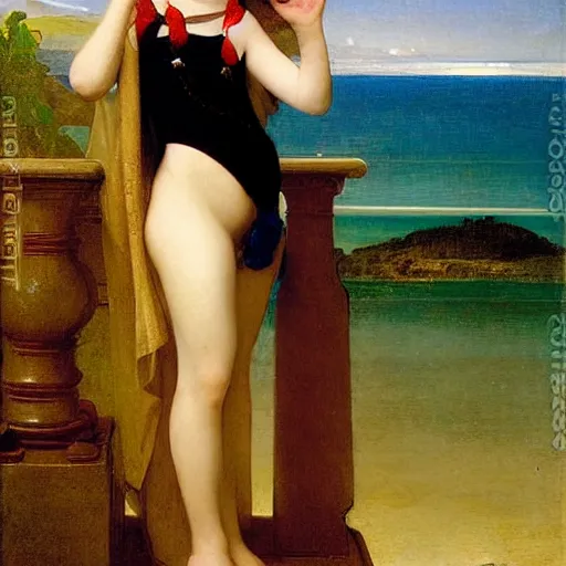 Prompt: A girl with jester hat and clothes on the front of a Balustrade with a beach on the background, major arcana, by paul delaroche, hyperrealistic