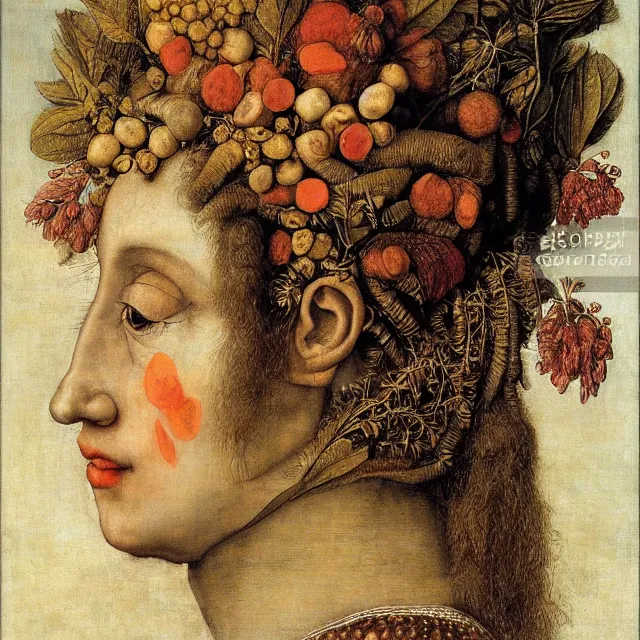 Prompt: a beautiful profile portrait of a beautiful female, leaves, by giuseppe arcimboldo.