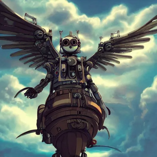 Image similar to a steampunk robotic angel, studio ghibli, extremely detailed, clouds, epic, sky, cinematic lighting,