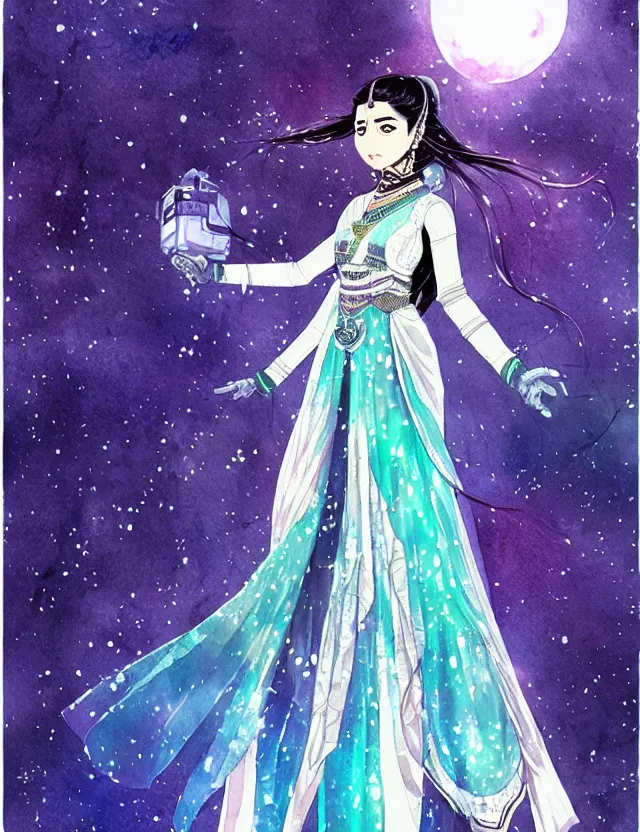 Prompt: south asian scifi princess of the snowy mountains, wearing a lovely dress with cyberpunk elements. this watercolor painting by the award - winning mangaka has an interesting color scheme, plenty of details and impeccable lighting.