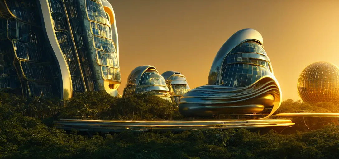 Prompt: futuristic shinny golden building in an jungle landscape of a biopunk city by taras shevchenko and frank gerhy, roads designed by zaha hadid and oscar niemeyer, movie poster, golden ratio, at dusk lighting, evening lighting, film still, realistic, octane render redshift arnold materials unreal engine, 8 k post production, hyper detailed