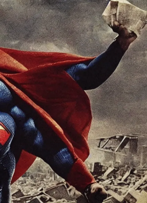 Image similar to “Close-up of very old and tired and bald Superman flying over destroyed city. Newspaper photo.”