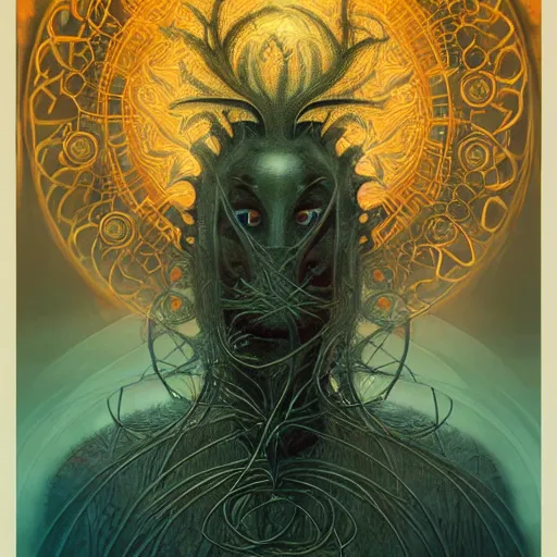 Prompt: faceless, shaman, cultist, lovecraftian, surreal, shrouded figure, powerful being, plant spirit, fractal entity, spirit guide, light being, pearlescent, shiny, glowing, ascending, beautiful, subtle pattern, trending on artstation, fractal pattern, sacred geometry by peter mohrbacher, highly detailed, professional art, illustration, cult, sacrificial altar, levitating, perfect symmetry, rendered in octane, unreal engine, biomechanical, fungal god, blurred background, light dispersion, glass skin, fractal skin, eye stalks, overgrown, halo, prismatic halo, muscular, macho pose, spirit warrior, bodybuilder, pearlescent, heavenly, insectoid, insect, mushroom host, mushroom on head