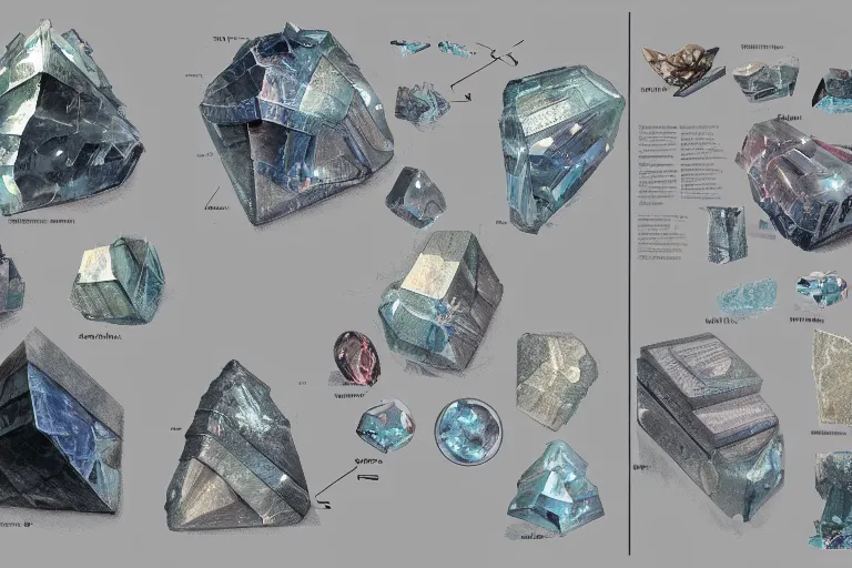 Image similar to schematic diagram of magic crystals, book, page, detailed, cross section, description, material, trending on artstation, cgsociety, Ralph McQuarrie and Greg Rutkowski