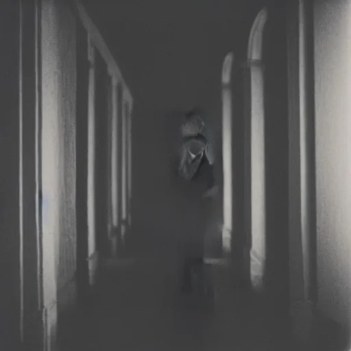 Image similar to dark, scary human figure standing ominously in a hallway, backlit by soft lights, dark, mysterious, creepy, photo taken on Polaroid camera