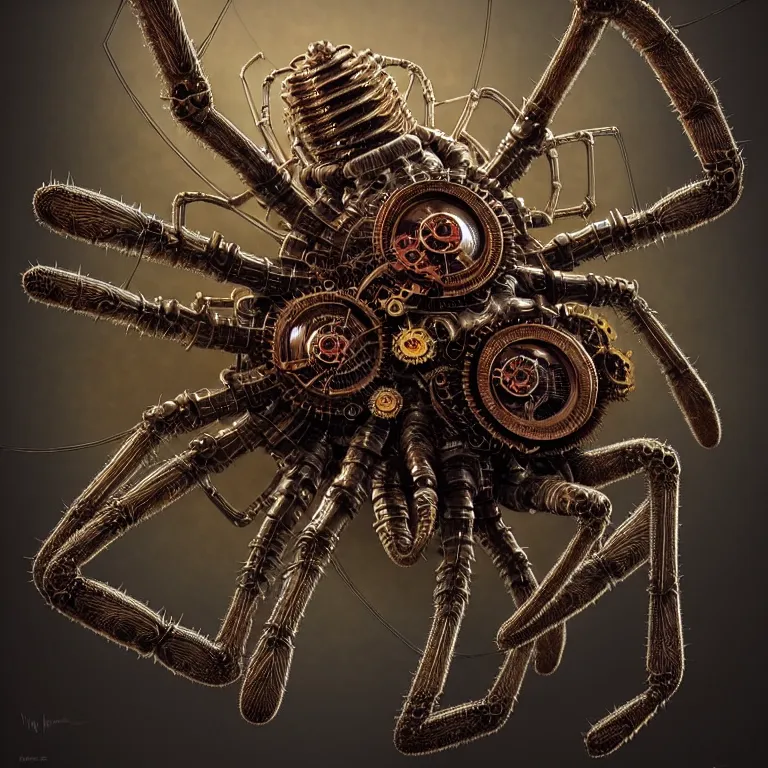 Image similar to steampunk spider, biomechanical, very coherent symmetrical artwork, horror, 3 d model, unreal engine realistic render, 8 k, micro detail, intricate, elegant, highly detailed, centered, digital painting, artstation, smooth, sharp focus, illustration, artgerm, tomasz alen kopera, by wlop