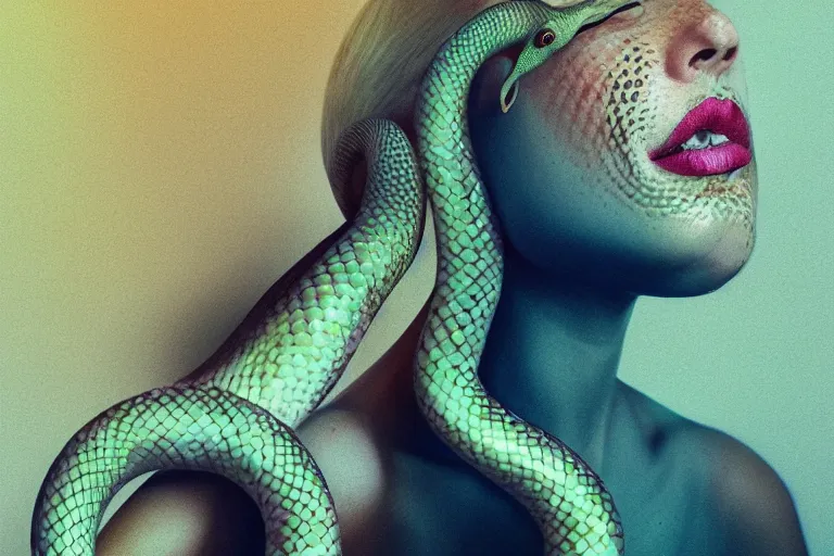 Image similar to photo of woman with snakes instead of hair in modern city, elegant, highly detailed, smooth, sharp focus, trippy, dmt, psychedelic, illustration, beautiful, geometric, trending on artstation, cinematic, artwork by WLOP