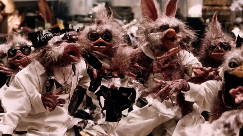 Image similar to Gremlins disguised as soundcloud rappers and heath food influencers orchestrate black swan event stock market crypto crash, film still from Gremlins 3 directed by Joe Dante, Nathan Fielder and Groucho Marx