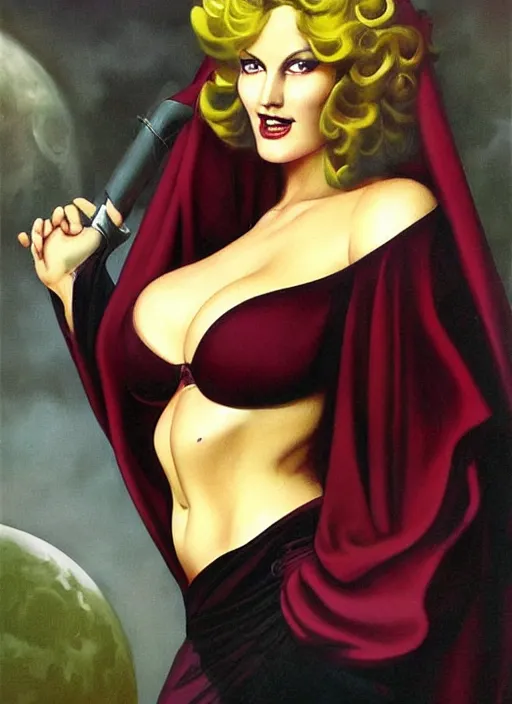 Image similar to portrait of plump norse goddess of the moon, maroon and black robe and veil, strong line, deep color, beautiful! coherent! by boris vallejo