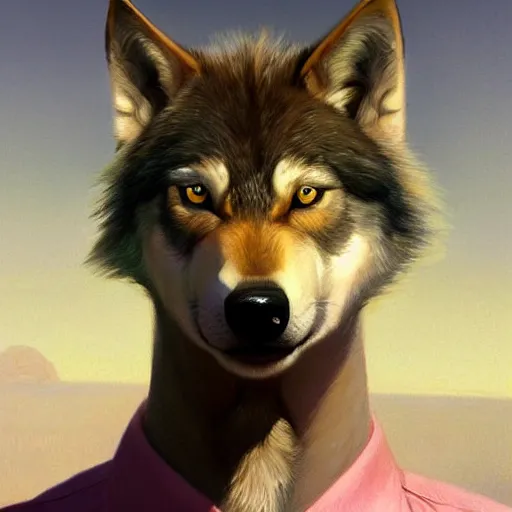 Prompt: painted portrait of realistic wolf wearing pink shirt, intricate, digital painting, artstation, concept art, smooth, sharp focus, illustration, art by jean giraud, edward hopper, gaston bussiere and greg rutkowski