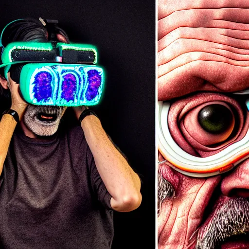 Image similar to Colour Photography of 1000 years old man with highly detailed 1000 years old face wearing higly detailed cyberpunk VR Headset designed by Josan Gonzalez Many details. Man eating higly detailed hot-dog. In style of Josan Gonzalez and Mike Winkelmann andgreg rutkowski and alphonse muchaand Caspar David Friedrich and Stephen Hickman and James Gurney and Hiromasa Ogura. Rendered in Blender