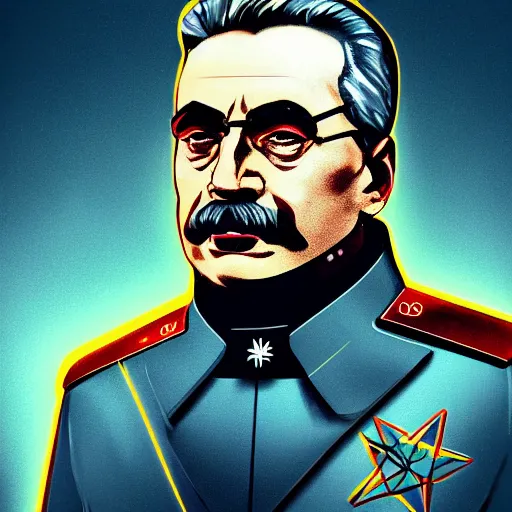 Image similar to cyberpunk joseph stalin as the leader of a futuristic communist society, cybernetics, sharp lines, digital, artstation, colored in