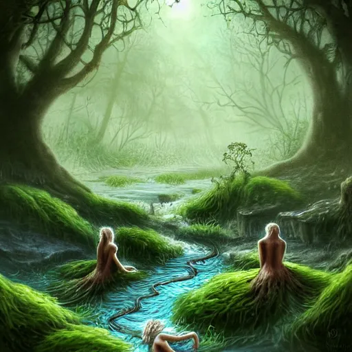 Image similar to beautiful digital fantasy illustration of A woody green field with a stream running through it, with a group of dryad women standing in the water. They seem to be preparing to submerge themselves in the cool, clear waters of the stream. a creepy creature standing in front of a mirror!, concept art by Alex Horley-Orlandelli!!, cgsociety contest winner!!!, cgsociety, fantasy art, highly detailed, soft lighting, rendered in octane, masterpiece, very very very aesthetic