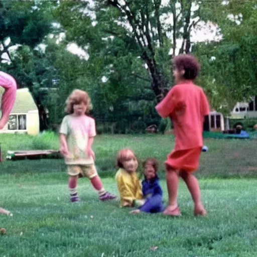 Prompt: still from a 90s home video of kids playing in the yard