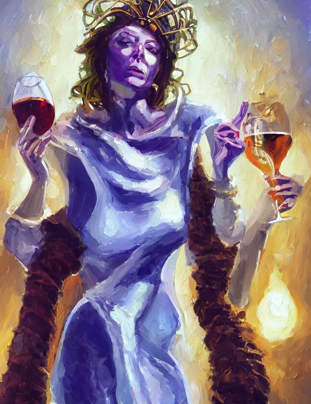 Prompt: androgynous deity of starlight and wine. this oil painting by the award - winning scifi artist has interesting color contrasts, plenty of details and impeccable lighting.