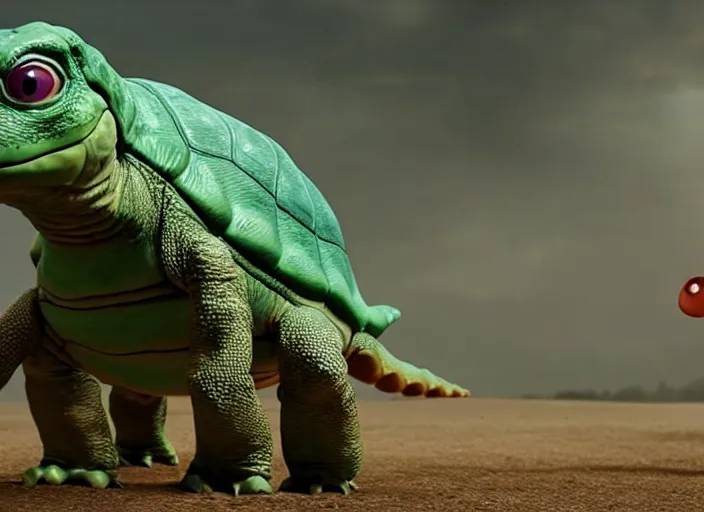 Image similar to film still of real life dinosaur turtle yoshi in the new sci - fi movie, 8 k