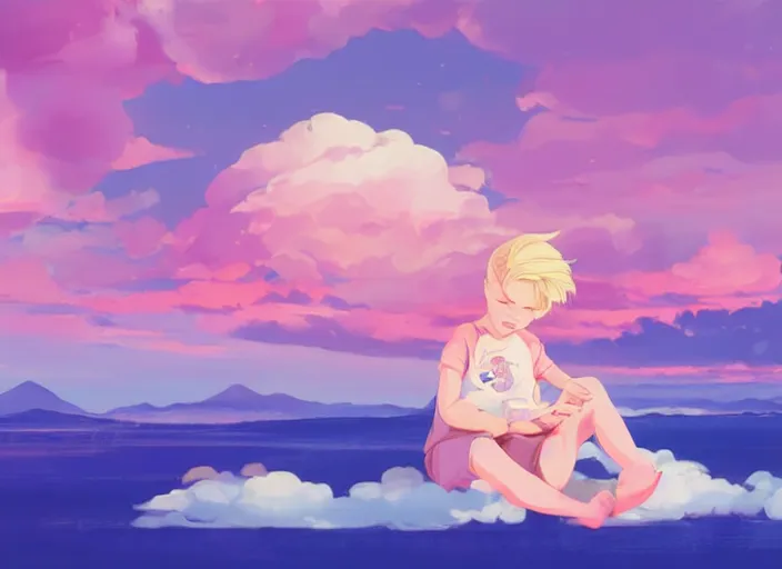 Image similar to a newborn baby with blonde hair lying on a cloud in front of a pink and blue sunrise sky. clean cel shaded vector art. shutterstock. behance hd by lois van baarle, artgerm, helen huang, by makoto shinkai and ilya kuvshinov, rossdraws, illustration, art by ilya kuvshinov