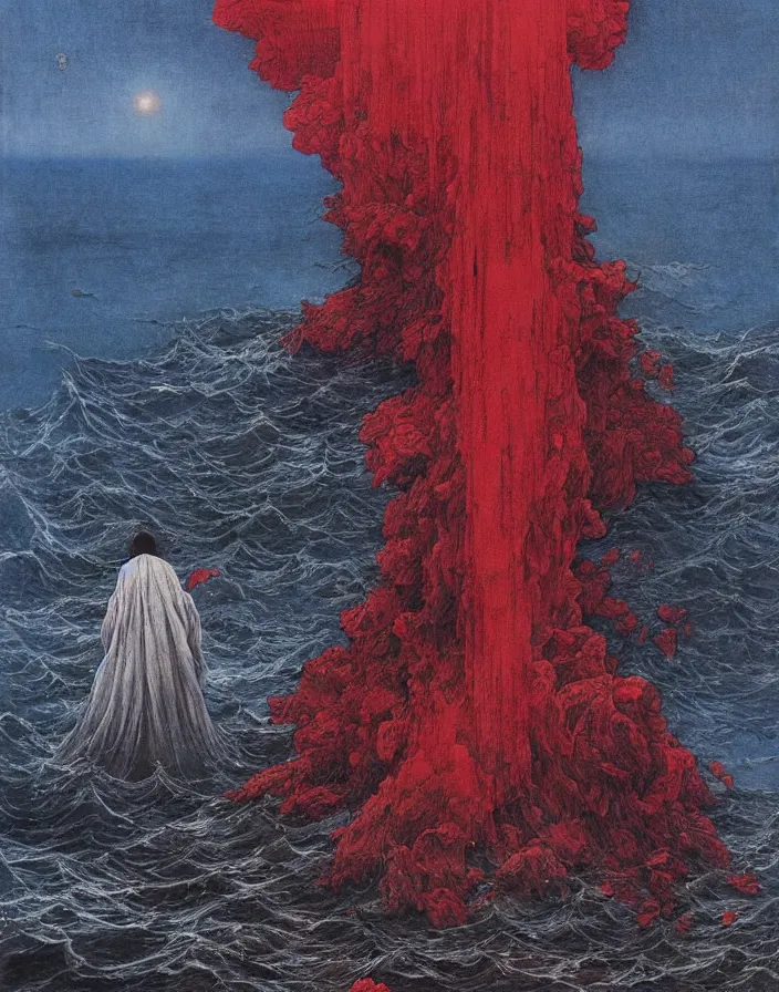 Image similar to worshippers in robes belonging to the cult of the lighthouse standing in waves, a lighthouse, high detailed Beksinski painting, part by Adrian Ghenie and Gerhard Richter. art by Takato Yamamoto. masterpiece, deep colours, red, blue