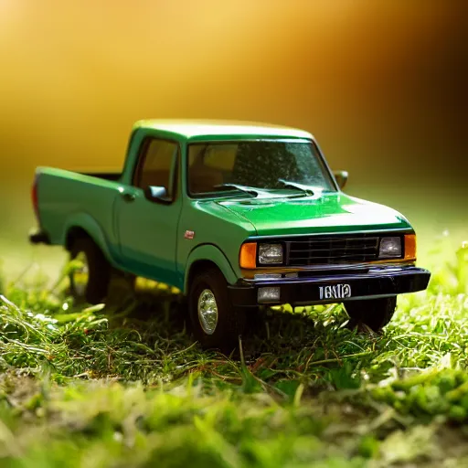 Prompt: a photo of a tiny ford truck ranger 1 9 8 0 on a green leaf, natural sunlight, outdoors, highly detailed macro photography, shallow depth of field, full shot