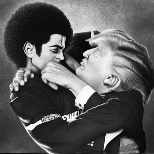 Prompt: donald trump wrestling michael jackson, photorealistic in the style of ansel adams